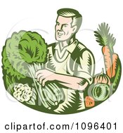 Retro Woodcut Organic Farmer With With Leafy Green And Root Vegetables