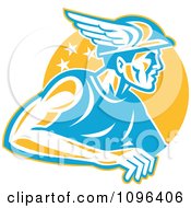 Clipart Retro Roman God Mercury Or Greek God Hermes With A Winged Hat Over An Orange Circle Royalty Free Vector Illustration