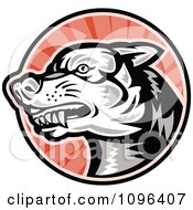 Poster, Art Print Of Retro Woodcut Angry Dog Over Red Rays