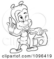 Clipart Outlined Ant Holding Up Sketches Of Shapes Royalty Free Vector Illustration by dero