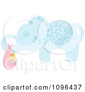 Poster, Art Print Of Blue Floral Elephant Carrying A Baby In A Bundle