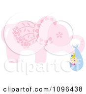 Poster, Art Print Of Pink Floral Elephant Carrying A Baby In A Bundle