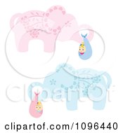 Poster, Art Print Of Blue And Pink Floral Elephants Carrying Babies In Bundles