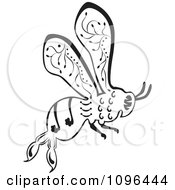 Clipart Ornate Black And White Bee In Flight Royalty Free Vector Illustration