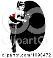 Clipart Sexy French Maid Pinup Woman Bending Over And Holding A Feather Duster Over A Black Oval Royalty Free Vector Illustration