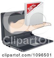 Hand Holding Out A Fifty Percent Sales Box From A Laptop Screen
