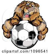 Friendly Bear Mascot Holding Out A Soccer Ball