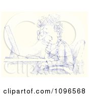 Poster, Art Print Of Blue Sketched Businessman Sitting At A Desktop Computer