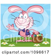 Poster, Art Print Of Happy Waving Pink Easter Bunny Carrying A Basket Of Eggs Outside
