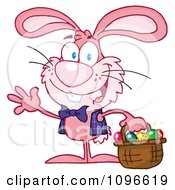 Poster, Art Print Of Happy Waving Pink Easter Bunny Carrying A Basket Of Eggs