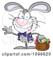 Poster, Art Print Of Happy Waving Gray Easter Bunny Carrying A Basket Of Eggs