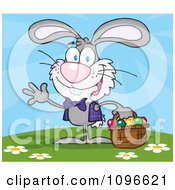 Poster, Art Print Of Happy Waving Gray Easter Bunny Carrying A Basket Of Eggs Outside
