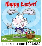 Poster, Art Print Of Gray Happy Easter Bunny Carrying A Basket Of Eggs