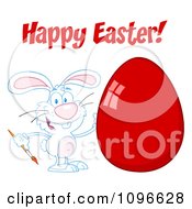 Clipart White Happy Easter Bunny Painting A Red Egg Royalty Free Vector Illustration