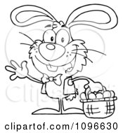 Poster, Art Print Of Outlined Happy Waving Easter Bunny Carrying A Basket Of Eggs