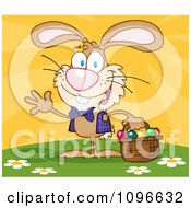 Poster, Art Print Of Happy Waving Brown Easter Bunny Carrying A Basket Of Eggs