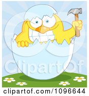 Poster, Art Print Of Yellow Easter Chick Holding A Hammer In A Shell On A Hill