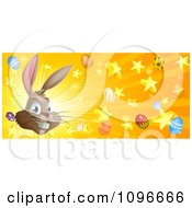 Poster, Art Print Of Brown Easter Bunny With Stars Eggs And Rays