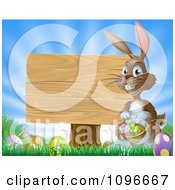 Poster, Art Print Of Brown Easter Bunny With Eggs And A Wooden Sign