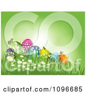 Poster, Art Print Of Green Easter Background With Butterflies Resting On Eggs In The Grass