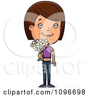 Brunette Adolescent Teenage Girl Holding Out Flowers