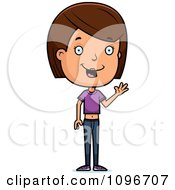 Clipart Friendly Brunette Adolescent Teenage Girl Waving Royalty Free Vector Illustration