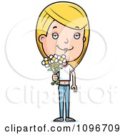 Clipart Blond Adolescent Teenage Girl Holding Out Flowers Royalty Free Vector Illustration