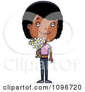 Poster, Art Print Of Clipart Black Adolescent Teenage Girl Holding Out Flowers- Royalty Free Vector Illustration