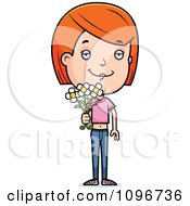 Red Head Adolescent Teenage Girl Holding Out Flowers