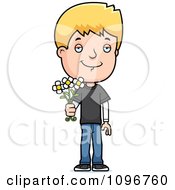 Poster, Art Print Of Blond Adolescent Teenage Boy Holding Out Flowers