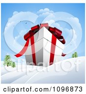 Poster, Art Print Of 3d Huge Christmas Gift Box In A Winter Landscape With Snow And Sunshine