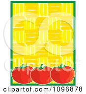Poster, Art Print Of Three Plump Tomatoes With A Green Border Over A Yellow Pattern