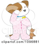 Poster, Art Print Of Cute Sleepy Puppy In Pajamas Holding A Teddy Bear
