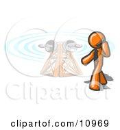 Orange Businessman Talking On A Cell Phone A Communications Tower In The Background by Leo Blanchette