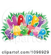 Clipart Colorful Happy Easter Greeting With Grass And Flowers Royalty Free Vector Illustration