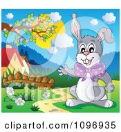 Clipart Happy Easter Rabbit Waving In A Meadow Royalty Free Vector Illustration
