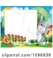 Clipart Happy Easter Rabbit Waving Around A Frame Royalty Free Vector Illustration