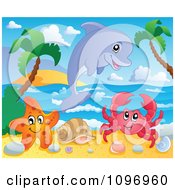 Poster, Art Print Of Happy Dolphin Starfish And Crab On A Tropical Beach