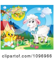 Poster, Art Print Of Happy Lamb Watching A Spring Chick Hatching In A Meadow