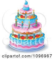 Four Tiered Colorful Birthday Cake With Candles And Strawberries