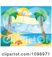 Blank Banner Suspended Between Palm Trees On A Tropical Beach