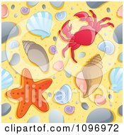 Poster, Art Print Of Seamless Beach Background Of Shells Starfish And A Crab On The Sand