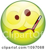 Poster, Art Print Of Sick Green Cartoon Smiley Emoticon Face With A Thermometer