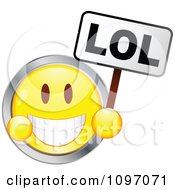 Yellow And Chrome Cartoon Smiley Emoticon Face Laughing And Holding An Lol Sign