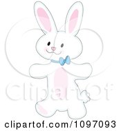 Clipart Cute Happy White Bunny Walking Upright And Wearing A Blue Bow Royalty Free Vector Illustration by Maria Bell
