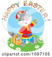 Poster, Art Print Of Happy Easter Greeting Over A Cat Gathering Eggs