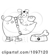 Clipart Black And White Bulldog With A Bone In His Dish Bowl Royalty Free Vector Illustration