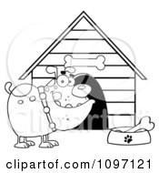 Poster, Art Print Of Black And White Bulldog With A Bone In His Dish Outside His Dog House