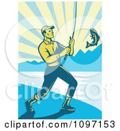 Clipart Retro Fly Fisherman Reeling In A Largemouth Bass On A Beach Royalty Free Vector Illustration