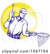 Poster, Art Print Of Retro Fly Fisherman Holding Out A Fishing Net Over A Circle Of Sun Rays